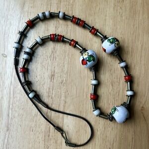 VTG Statement Necklace 33 Inch Floral White Porcelain Red Beaded Hook Clasp Boho